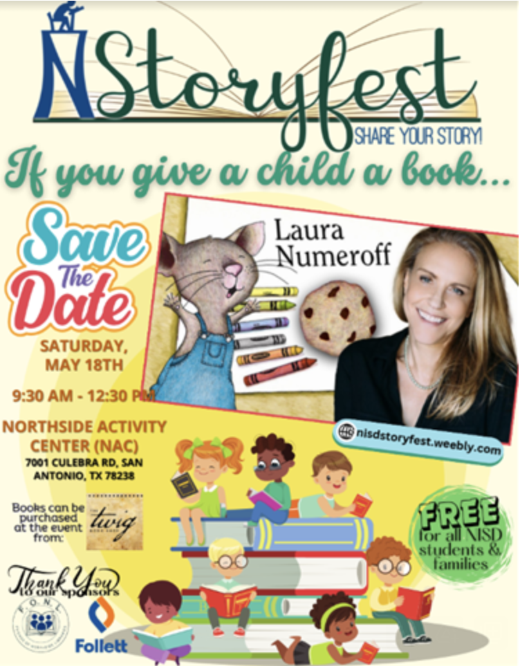 Graphic flyer advertising Author Laura Numeroff at NISD Storyfest 2024