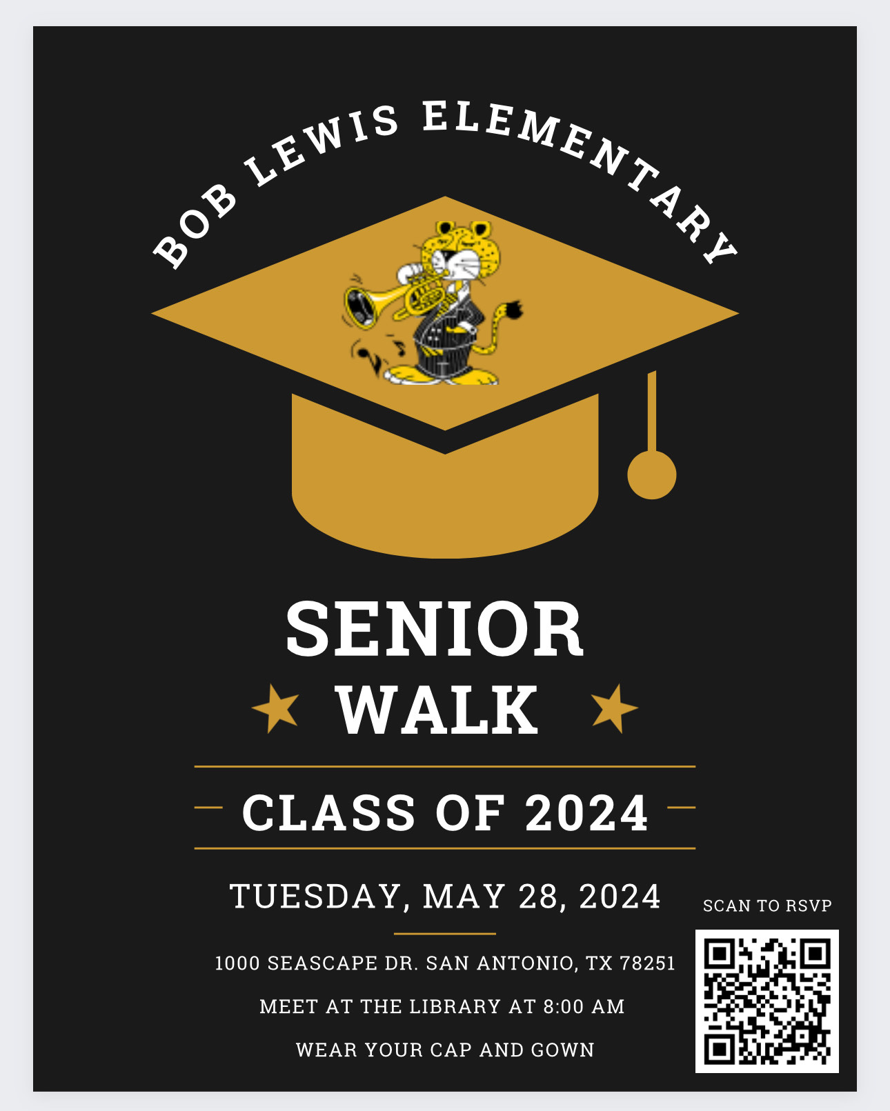 Black poster with a gold graduation cap and white letters giving information about the Senior Walk. 